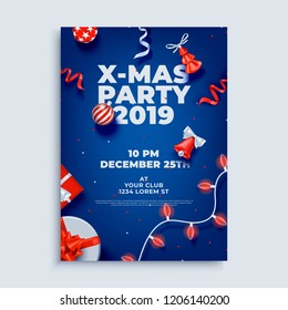 Merry Christmas party layout poster poster or flyer template. Christmas holidays invitation with design elements. Vector Illustration.