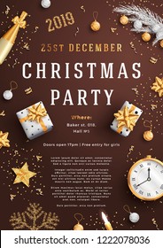 Merry Christmas party layout poster poster or flyer template. Christmas holidays invitation with design elements. Vector Illustration.