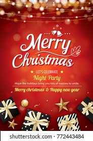 Merry christmas party light and gift box for flyer brochure design on red background invitation theme concept. Happy holiday greeting banner and card template.