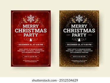 Merry Christmas party music event retro flyer invitation design template set vector illustration. Winter holiday celebration musical festival promo poster glow bokeh snowflakes luxury spark background