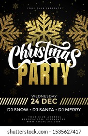 Merry Christmas Party poster. 24 December celebration banner template with text, golden twinkling stars