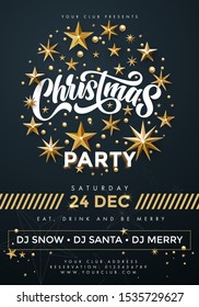 Merry Christmas Party poster. 24 December celebration banner template with text, golden twinkling stars