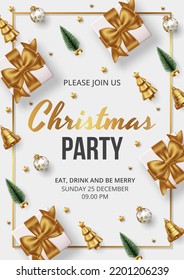 Merry Christmas party poster background with gift, christmas tree, christmas balls, and bells. Vector illustration