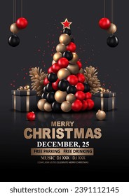 merry christmas party poster with black back background lettering label. abstract Vector illustration design.