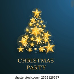 Merry Christmas Party Poster Design with Creative Xmas Tree Made by Golden Stars on Blue Background.