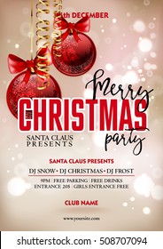 Merry Christmas party poster design template with decoration balls. s Greeting messages and objects blurred background.  Xmas vector design template.