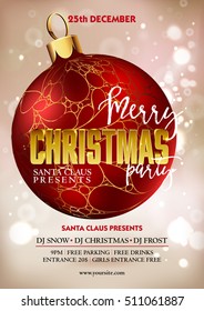 Merry Christmas party poster design template with decoration ball. Greeting messages and objects blurred background. Xmas vector design template.