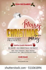 Merry Christmas party poster design template with decoration ball. Greeting messages and objects blurred background. Xmas vector design template.