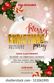 Merry Christmas party poster design template with Christmas decoration ball and holly berry, candy.  Greeting messages and objects blurred background. Xmas vector design template.