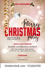 Merry Christmas party poster design template with decoration ball. Greeting messages and objects blurred background. Xmas vector design template.
