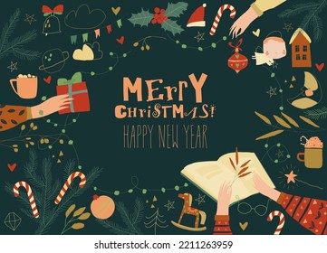 Merry Christmas Party Poster with Hands Holding holiday Decorations