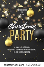 Merry Christmas party poster. Holiday flyer with realistic Christmas black and golden balls, golden confetti and sparkling light garlands. Vector illustration. Invitation to night club party.