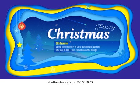 Merry Christmas party poster with lettering and a winter landscape. Realistic multi layers, carving of paper. 3D Illustration for greeting card or banner. Layered cut out shapes with shadow