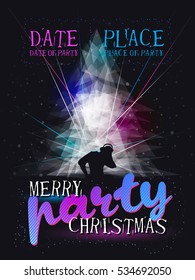 Merry Christmas party poster with snowflakes, dj, laser, dark background