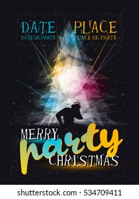 Merry Christmas party poster with snowflakes, dj, laser, blue, yellow colors