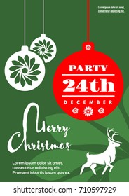 Merry Christmas Party poster template with Deer and christmas balls. Vector illustration