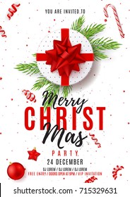 Merry Christmas Party Poster. Top view on white gift box with red bow on white backdrop. Vector illustration with confetti and serpentine. Invitation to nightclub with xmas ball, star and candy.