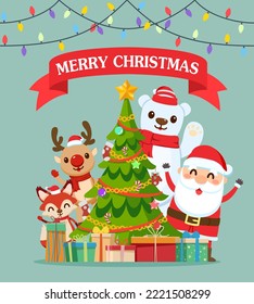 Merry Christmas party with santa claus and friends. Christmas tree decoration with a lots of gift boxes. Vector illustration flat cartoon design for greeting card, background, and banner.
