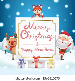 Merry Christmas! Party with Santa, Fox and Reindeer in the snow and there are 3 gift boxes on the front floor. Blue background. 