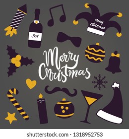 Merry Christmas party stuff seamless pattern on gray background. Vector illustrations with New Year decorations and masquerade costume elements