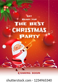 Merry Christmas party template or flyer design, character of santa clause and festival elements illustration on glossy orange background.