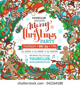 Merry Christmas Party Template. Christmas tree and baubles, snowman, gingerbread man, deer, bells and ribbons, Santa sock, hat and beard, holly berries, candy cane, hand-written text. 