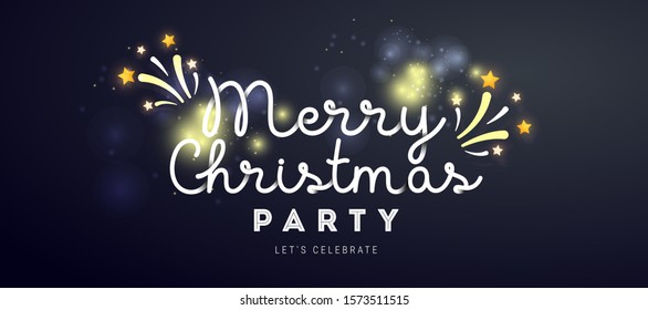 Merry Christmas party with text, glitter, sparkles decor on a dark background.