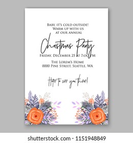 Merry Christmas Party vector Invitation winter floral wreath of peach orange rose fir pine needle greenery branches Template digital floral printable vector card 
