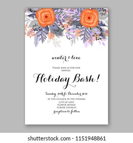 Merry Christmas Party vector Invitation winter floral wreath of peach orange rose fir pine needle greenery branches Template digital floral printable vector card 