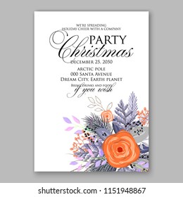 Merry Christmas Party vector Invitation winter floral wreath of peach orange rose fir pine needle greenery branches Template digital floral printable vector card 