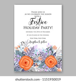 Merry Christmas Party vector Invitation winter floral wreath of mandarine rose fir pine needle greenery branches Template digital floral printable vector card 