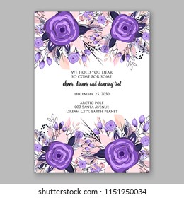 Merry Christmas Party vector Invitation winter floral wreath of purple violet lavender rose fir pine needle greenery branches Template digital floral printable vector card 