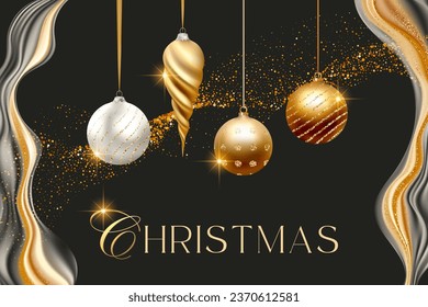 Merry Christmas Party vector poster holiday greeting card, premium luxury 3d gold snowflake ornament decoration of golden ball shiny glitter render on a black background