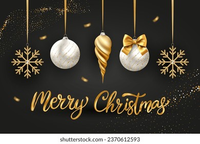 Merry Christmas Party vector poster holiday greeting card, premium luxury 3d gold shiny snowflake ball ornament decoration lettering glitter render on a black background