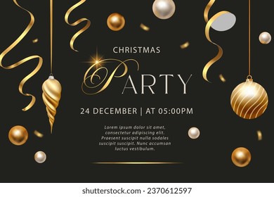 Merry Christmas Party vector poster holiday club invitation, premium luxury 3d gold ornament decoration of golden ball and ribbons on a black background