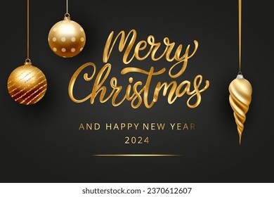 Merry Christmas Party vector poster holiday lettering greeting card, premium luxury 3d gold ball ornament decoration of golden bauble shiny render on a black background