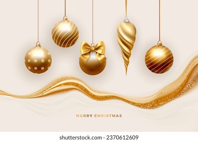 Merry Christmas Party vector poster holiday greeting card, premium luxury 3d gold decoration of golden ball shiny glitter golden wave render on a beige background