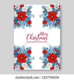Merry Christmas Party wreath poinsettia, pine branch fir tree, needle, flower bouquet Bridal shower ribbon template wording - Vector