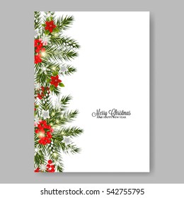 Merry Christmas Party wreath poinsettia, pine branch fir tree, needle, flower bouquet Bridal shower ribbon template wording
