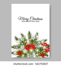 Merry Christmas Party wreath poinsettia, pine branch fir tree, needle, flower bouquet Bridal shower ribbon template wording