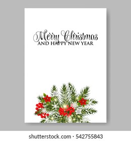 Merry Christmas Party wreath poinsettia, pine branch fir tree, needle, flower bouquet Bridal shower ribbon template wording