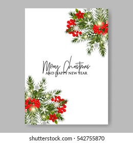 Merry Christmas Party wreath poinsettia, pine branch fir tree, needle, flower bouquet Bridal shower ribbon template wording