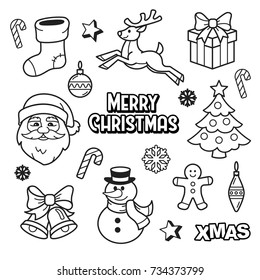 Merry Christmas patches collection. Vector illustration of Christmas badges and symbols, such as Santa, reindeer, sock for gifts, snowman, Christmas bells, Christmas toys and Gingerbread Man.