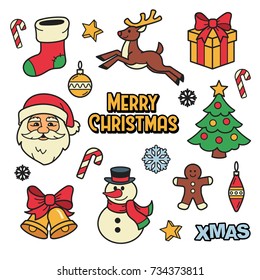 Merry Christmas patches collection. Vector illustration of Christmas badges and symbols, such as Santa, reindeer, sock for gifts, snowman, Christmas bells, Christmas toys and Gingerbread Man.