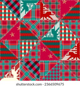 Merry Christmas Patchwork textile pattern. Seamless quilting design background.