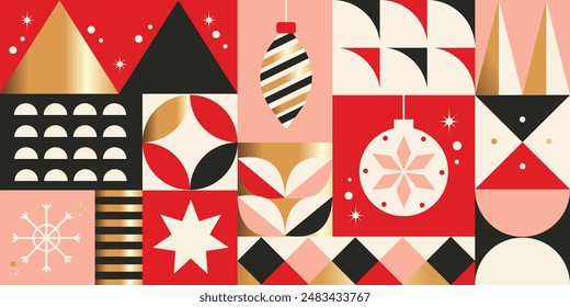 Merry Christmas pattern background vector. Decorative elements of tree, snowflake, sparkle, mountain with gold texture. Design for banner, card, cover, poster, advertising.wallpaper, packaging.