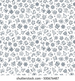 Merry Christmas pattern consisting of christmas icons such as santa, deer, christmas ball, fir- tree, gift, snowflake on winter holiday background. Happy New Year. Vector Illustration