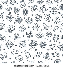 Merry Christmas pattern consisting of christmas line icons such as santa, deer, christmas ball, fir- tree, gift, snowflake on winter holiday background.  Happy New Year. Vector Illustration