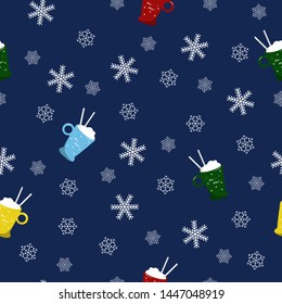 Merry Christmas pattern with cup and snowflakes. Winter holiday. Vector illustration.