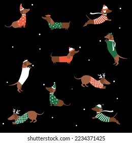 Feliz patrón navideño con adorables perros graciosos que usan sudaderas verdes y rojas en invierno. Patrón de Navidad sin fisuras con dachshunds usando sombreros y ropa de fondo negro. copos de nieve